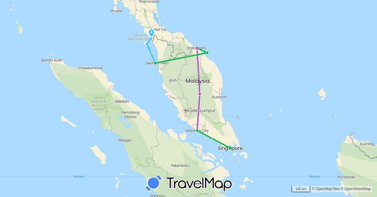 TravelMap itinerary: bus, train, boat in Malaysia, Singapore, Thailand (Asia)